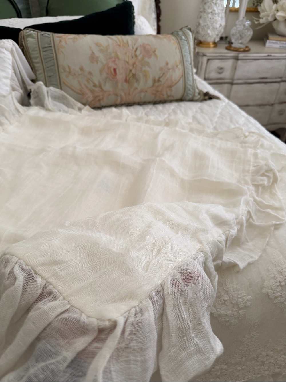 Pine Cone Hill (pair) of Winter White Ruffled Linen Weave Euro pillow cover.